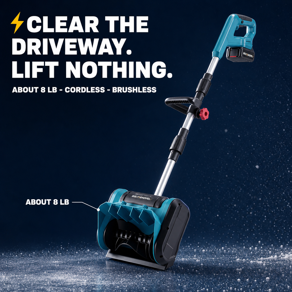 Clear the driveway. Lift nothing. About 8 lb, cordless, brushless.