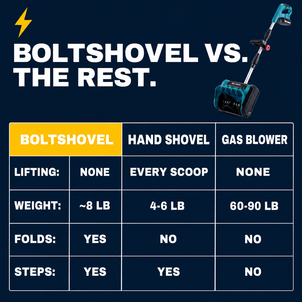BoltShovel vs. hand shovel vs. gas blower comparison.